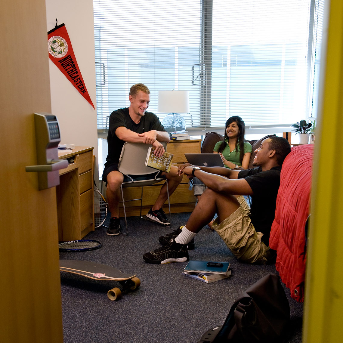 3 students in dormroom at Northeastern University