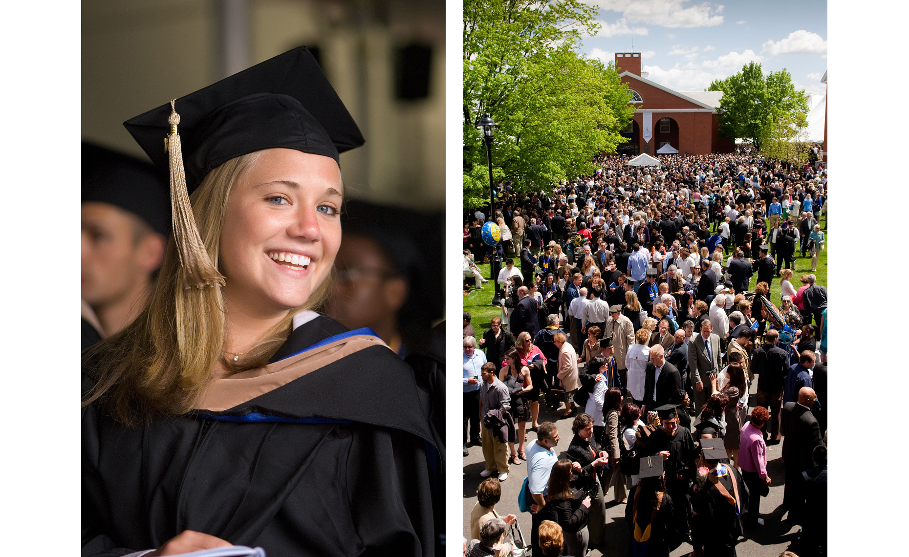female student in cap and gown and crowds after graduation
