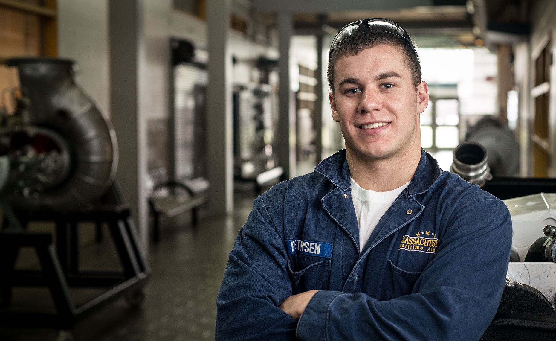 Portrait of male cadet in jumpsuit at Mass Maritime Academy 