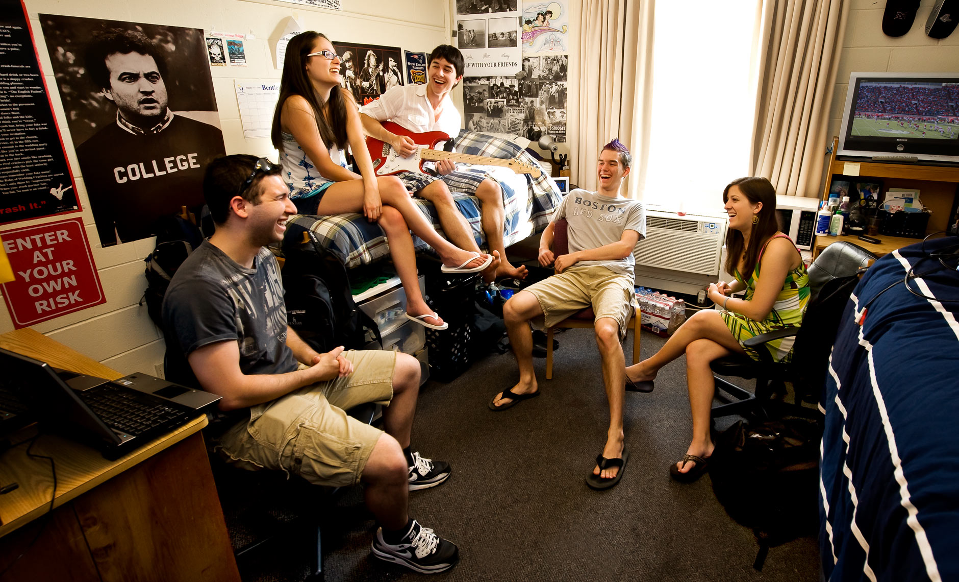 college students hanging out in dormroom at Bentley University
